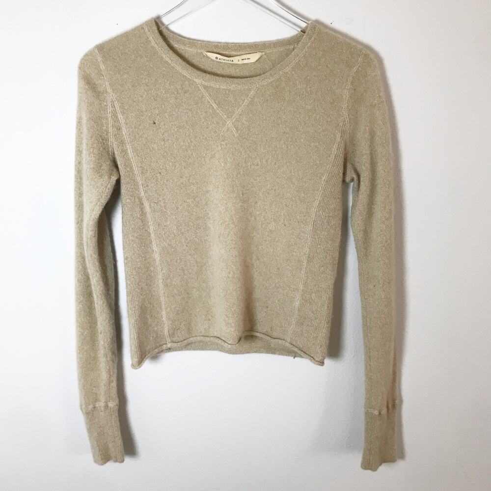 Athleta 100% Cashmere Crewneck Sweater Oatmeal Tan Long Sleeve Pullover Size S